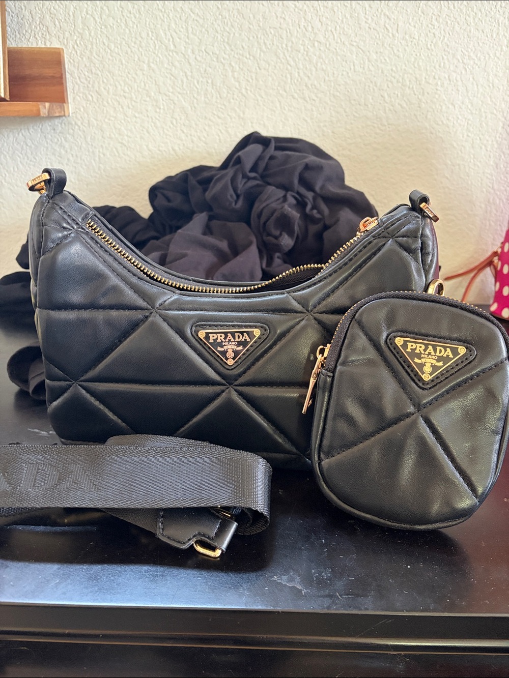Prada Black Quilted Shoulder Bag with Coin Pouch and Gold Hardware